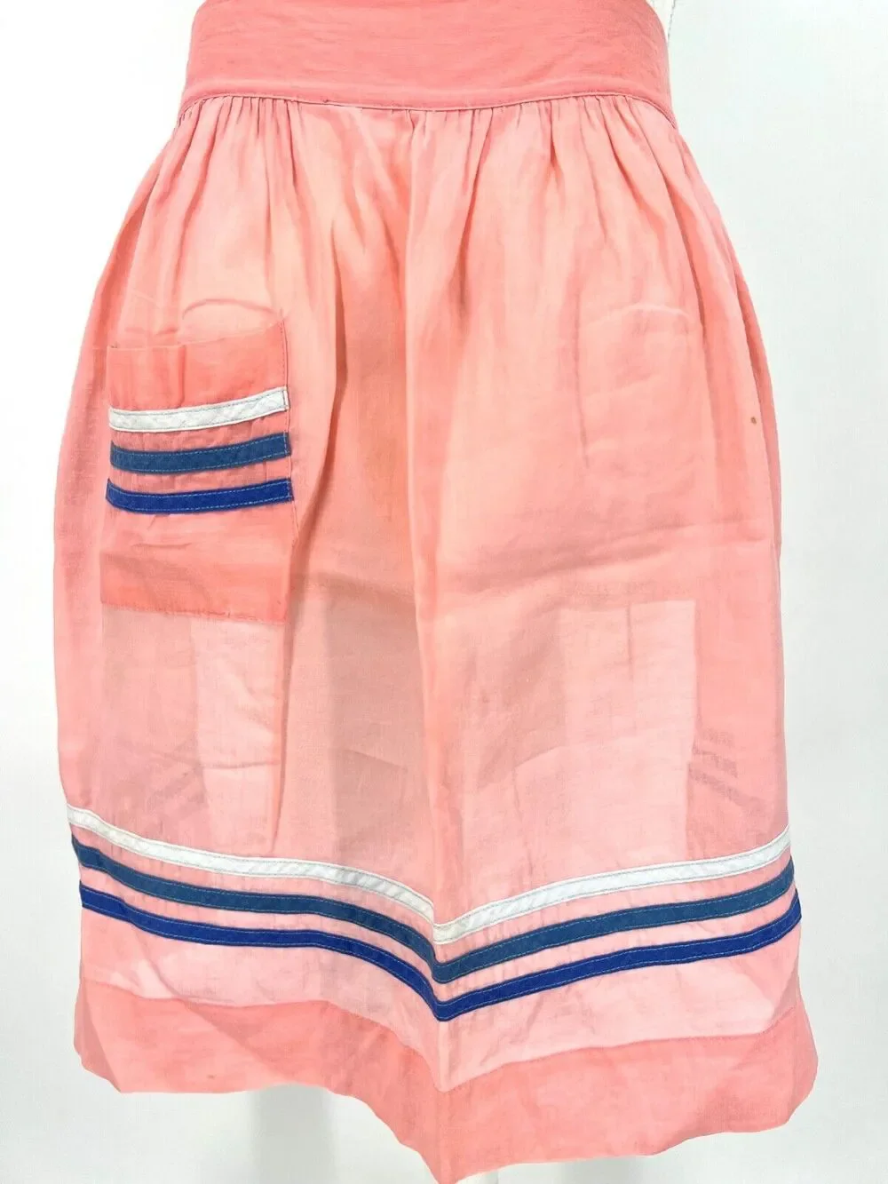 Vintage Kitchen Apron Handmade Coral with Blue Ribbon Trim